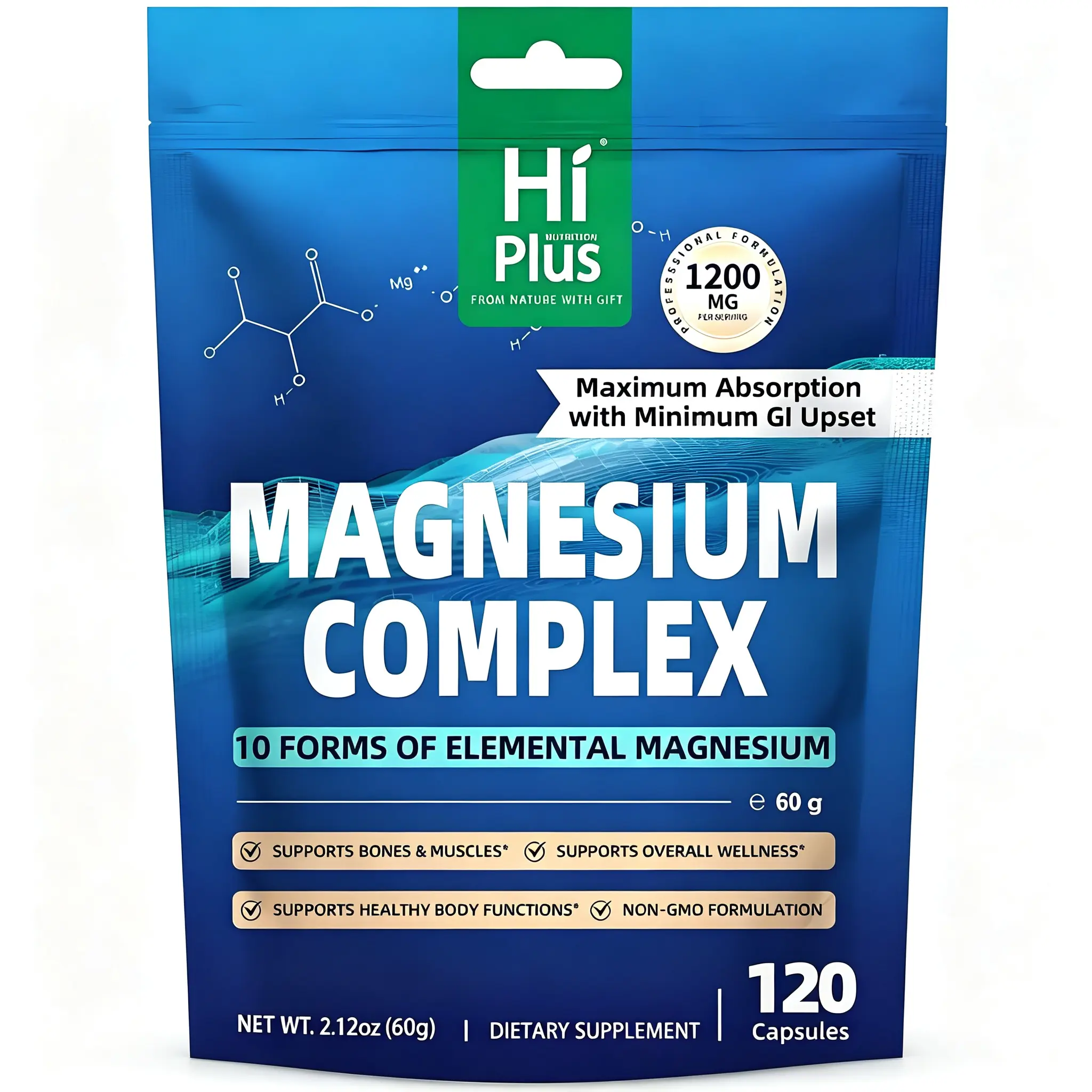 HiPlus Magnesium Complex Vitamin Supplement - 1200 mg Extra Strength, 10 Essential Magnesium Forms, 120 Capsules for Men’s Fitness, with Creatine Monohydrate, Soursop Bitters & Ph Balancing Gummies, Supplement Stack, Body Health, Bone Health Supplements