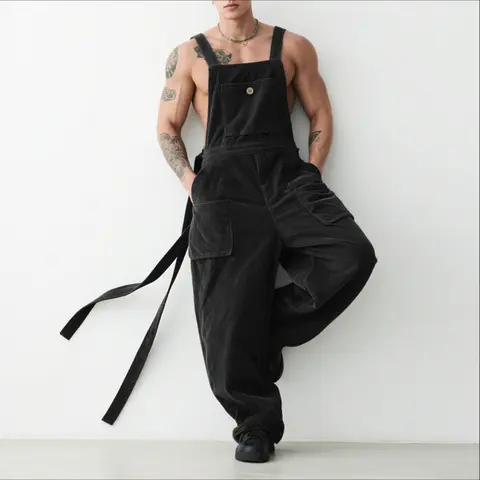 INCERUN Men's Vintage Baggy Corduroy Overalls - Menswear Solid Color Polyester Jumpsuit with Cargo Pockets, Adjustable Straps, Lace-Up Detail, Easy Casual Wear,sohochic