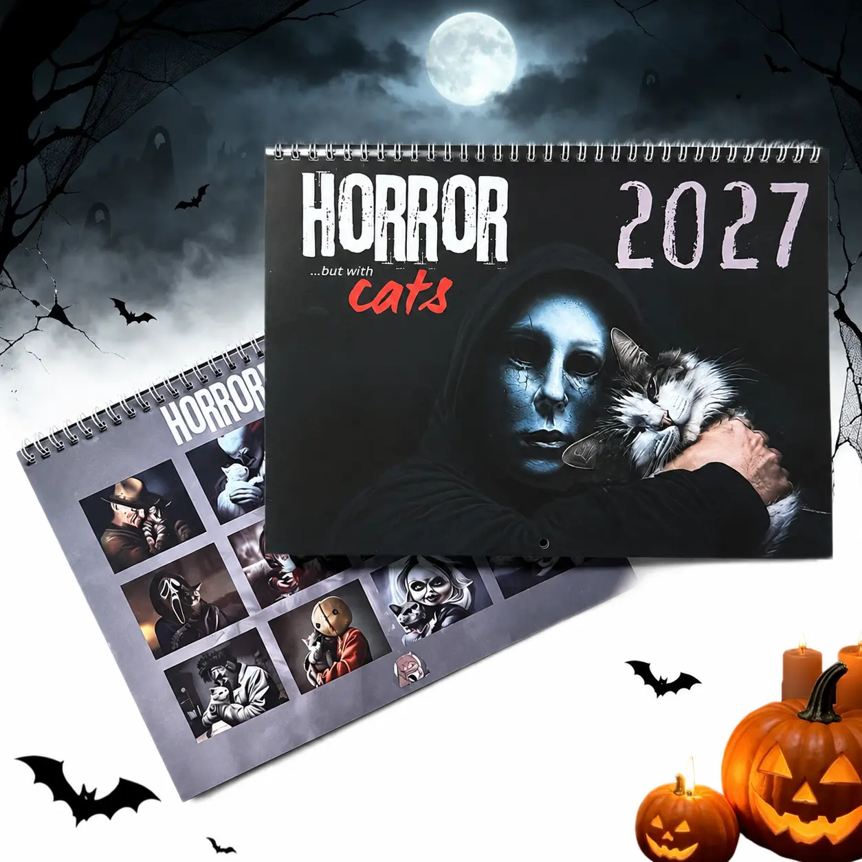 Pre-order: 2027 "Horror Movies & Cats" Themed Wall Calendar – 12-Month Spooky Cat Calendar for Home Decor, Spiral-Bound Horror-Style Cat Calendar