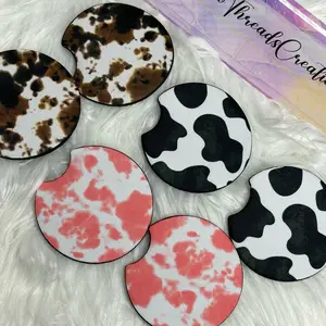 Cow Print Absorbent Car Coasters Rubber, Set of 2, Non-Slip Base, Cowboy, Cowgirl, Country, Western, Universal Fit,  Gift, Car, Various Styles, Gift For Her, Gift For Him Printed Cover