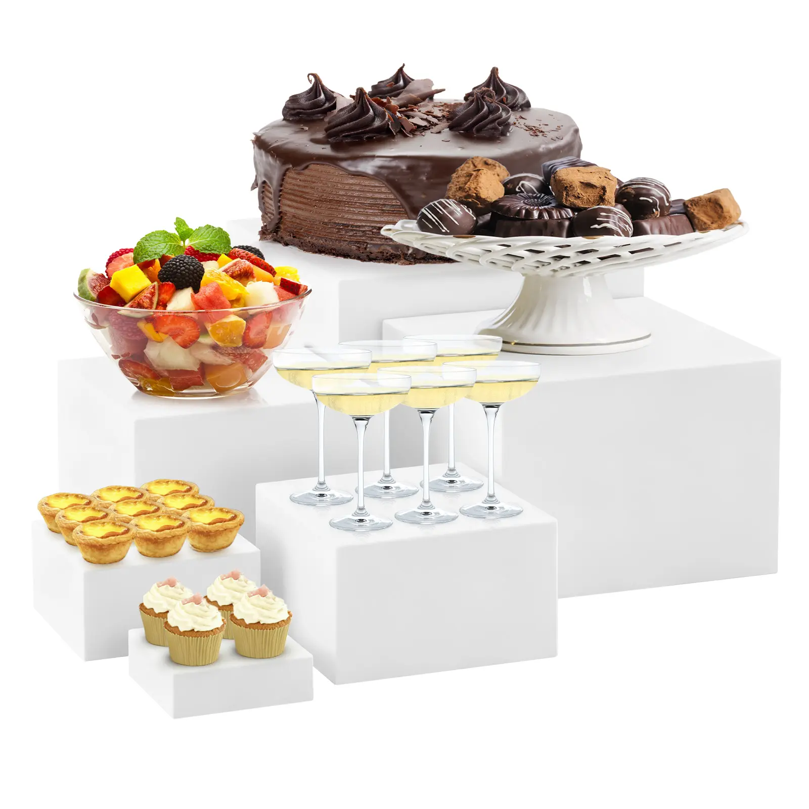 6 PCS White Modern Acrylic Cube Buffet Riser Set - Large Hollow-Base Food Risers with 6 Sizes, Nesting Storage Box for Wedding Decoration, Clutterfree Setup Home Organizer