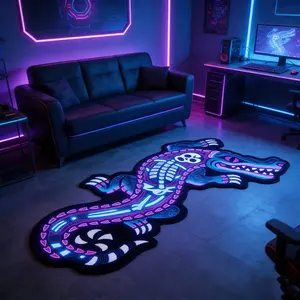 Cyberpunk Neon Crocodile Skull Carpet, Animal Printed Rug, Gaming Room Decorative Mat, Soft Washable Gaming Rugs for Living Room, Bedroom, Bedside, Runner