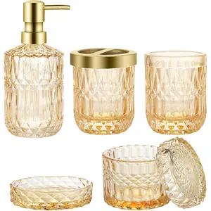 Bathroom Accessories Set, 5Pcs Gold Glass Bathroom Accessories Set with Gold Soap Dispenser, Soap Dish, Toothbrush Holder, Tumbler, Cotton Swab Jars
