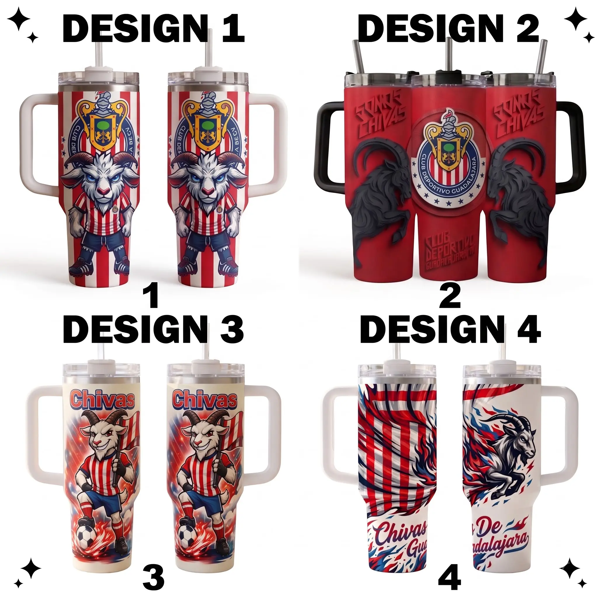 Chivas Guadalajara Goat Mascot 40oz Stainless Steel Tumbler with Handle | 3D Style & Animated Soccer Fan Travel Mug