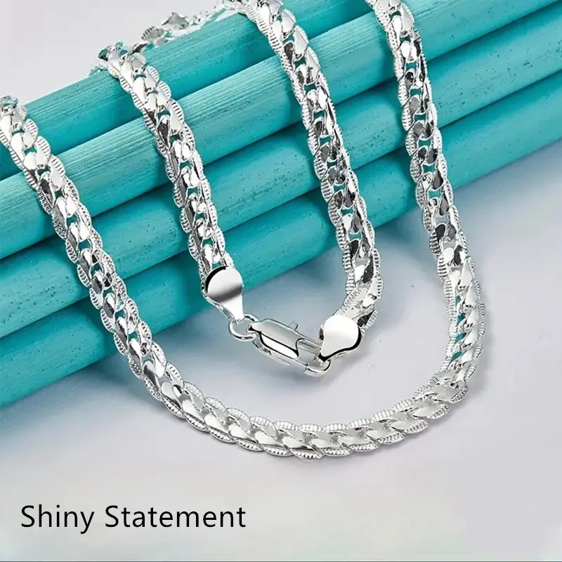 New 925 silver full side chain necklace 5mm, length 50-60cm, men's and women's fashionable jewelry classic and elegant style, suitable for daily wear and gifts. Wide silver-platedsummerwins