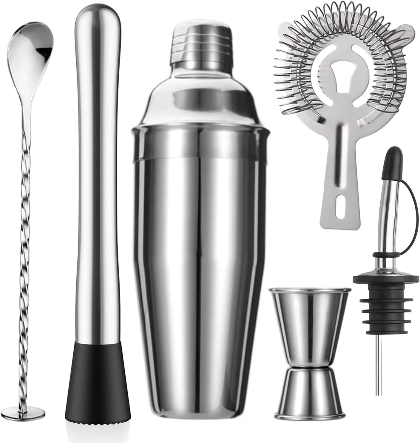 6-  Shaker Set 24oz Shaker Strainer Muddler Jigger Mixing Spoon Pour Spout Bartender Kit Stainless Steel Bar Set Housewarming