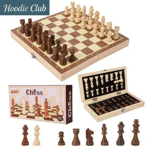 Magnetic Wooden 3-in-1 Foldable Chess Set, Chess Checkers & Backgammon Board Game, Portable Travel Strategy Game with 32 Pieces, Classic Family Entertainment Board Game for Home, Camping, Picnic & Indoor Outdoor Leisure Fun