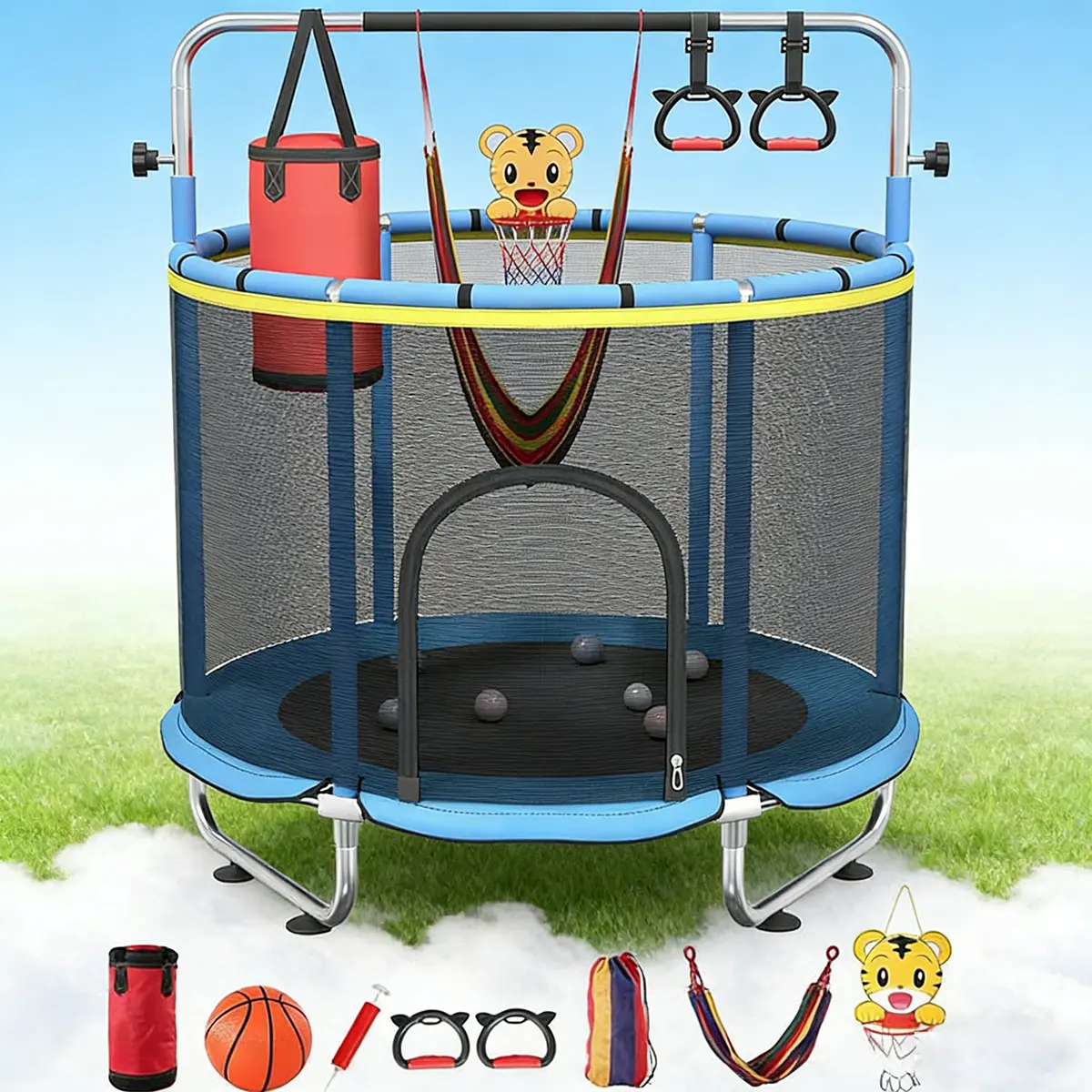 60-Inch Trampoline for Kids Outdoor Play, 5-in-1 Round Play Set with Safety Net, Swing, Adjustable Gym Bar & Basketball Hoop, 500lbs Capacity, Outdoor Play Sets