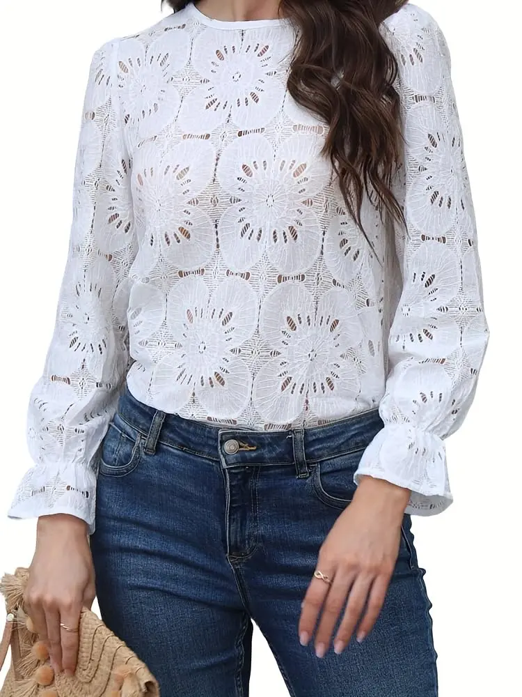 Women's Fitted Boho Chic Crewneck Long-Sleeve Cotton Eyelet Blouse - Embroidered, Crochet, Polyester-Blend Tops for Dressy Casual Occasions