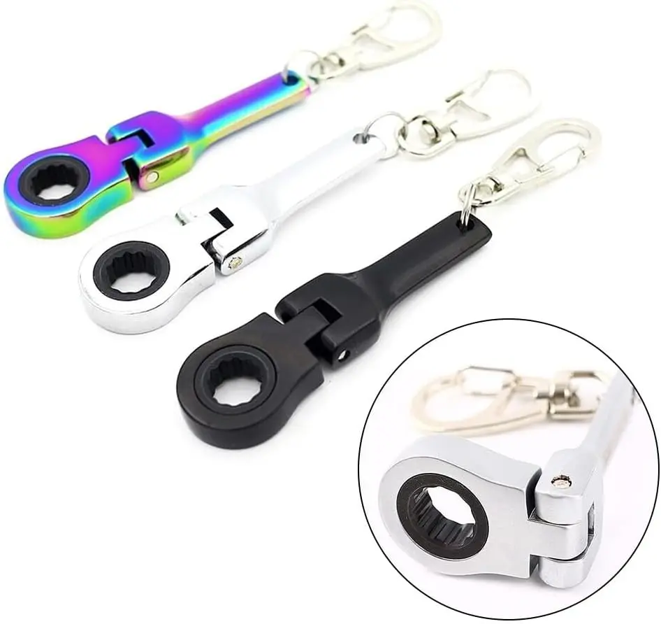 VAYWET 10mm Alloy Mini Functional Keychain - 72-Tooth 180° Flex Head Adjustable Spanner, Universal Fit Ratchet Tool for Mechanics, Neo Chrome Plating/Black/Silver Gift
