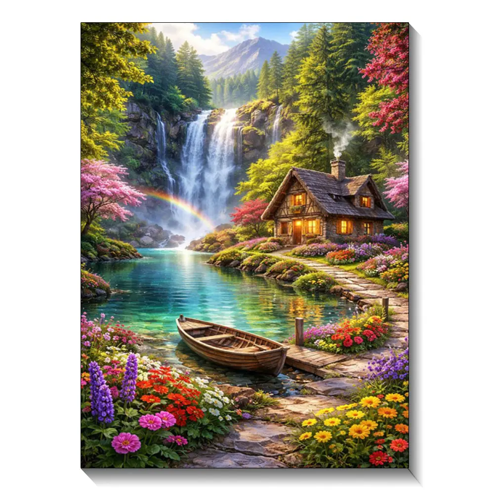 1Pc Magical Waterfall Cottage Diamond Painting Kit, Handmade DIY Craft Artwork, DIY Stress Relief Needlework, Rainbow Landscape Wall Decoration (30x40cm/11.81x15.75inch)