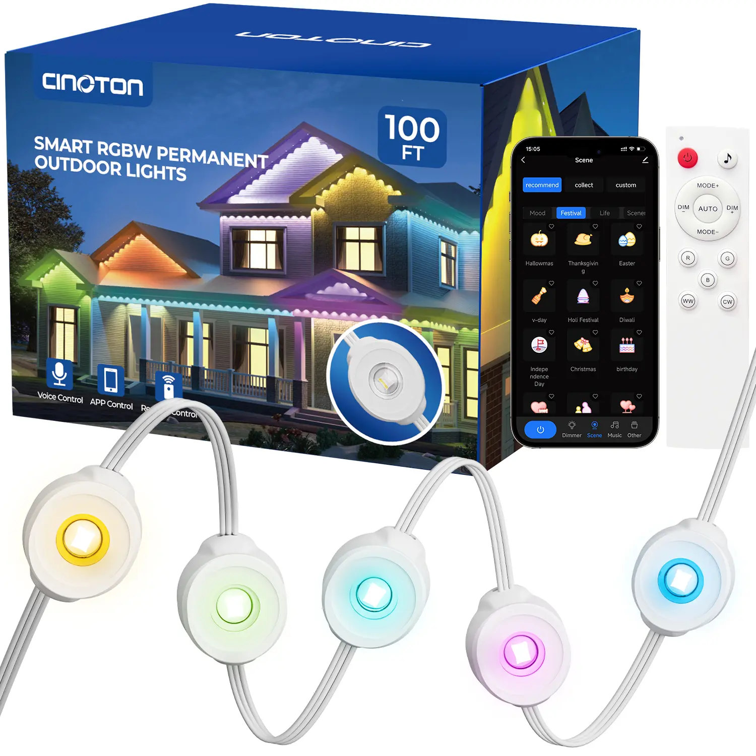 CuLiDing  Permanent Outdoor Lights Smart Eaves Lights Daily and Festive Up to IP67 Waterproof AI Lighting Themes for Christmas APP/Voice/Remote Control