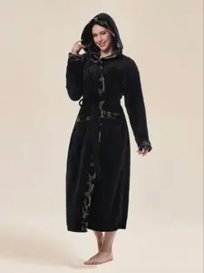 Tiger Striped Hooded Robe Set, Elegant Loose Fit Bathrobe, Long Sleeves & Belt Design, Fall Winter Home Wear, Loungewear