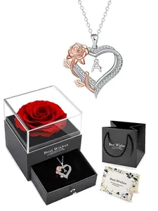 Heart Letter Pendant Necklace, Rose Zirconia Charm, Elegant Gift Box Set for Mom & Lover, Birthday Holiday Present, Necklace Initial