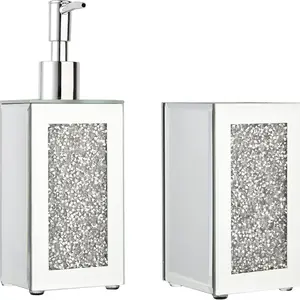 Luxury 2-Piece Bathroom Accessory Set, 150ml Diamond-Embedded Glass Soap Dispenser Pump and Toothbrush Holder, Elegant Vanity Organizer for Modern Bathrooms, Gift
