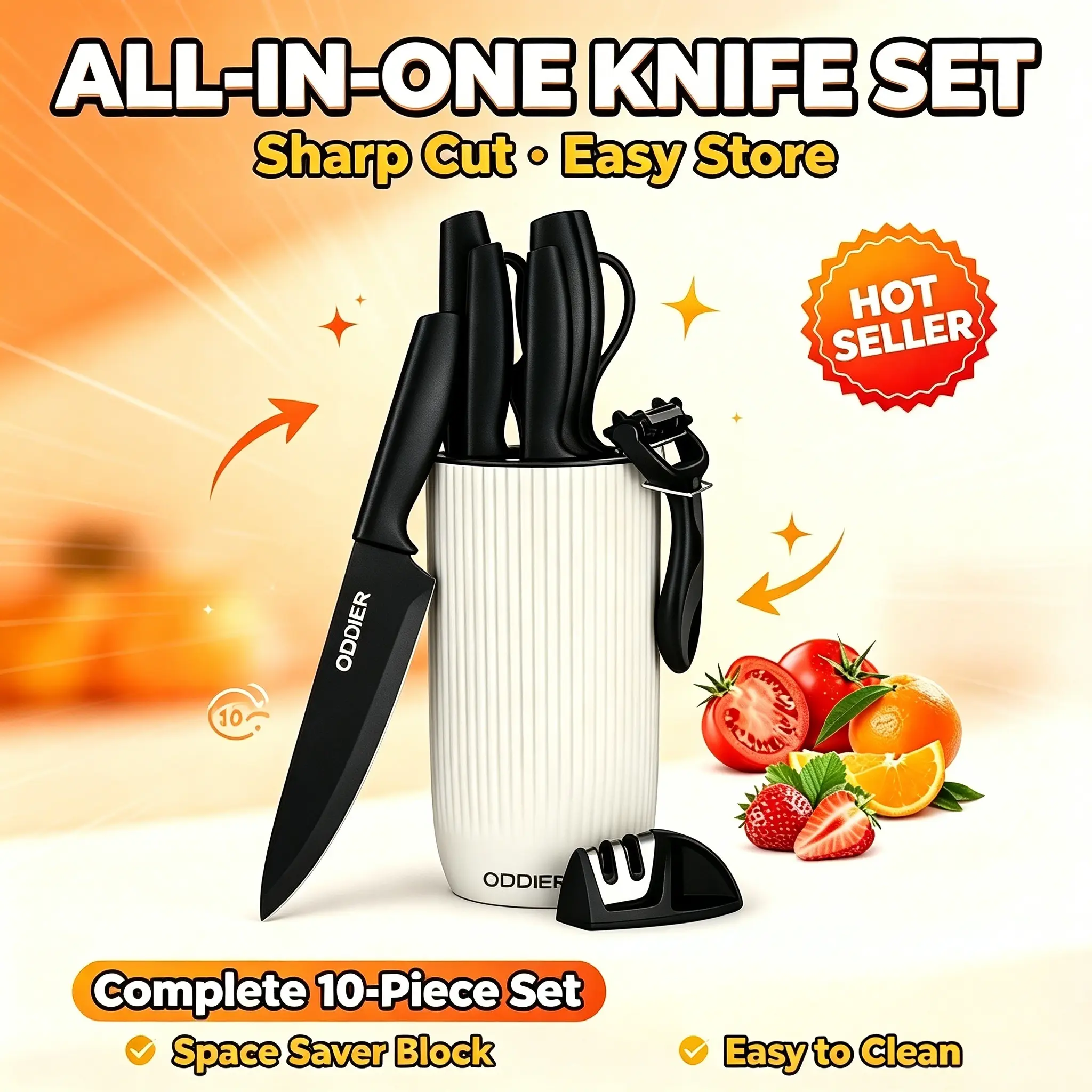 10-Piece Kitchen Knife Set with Universal Knife Block, Rust Proof Stainless Steel Chef Knife Set with Peeler, Knife Sharpener & Kitchen Shears for Home Cooking(Black)