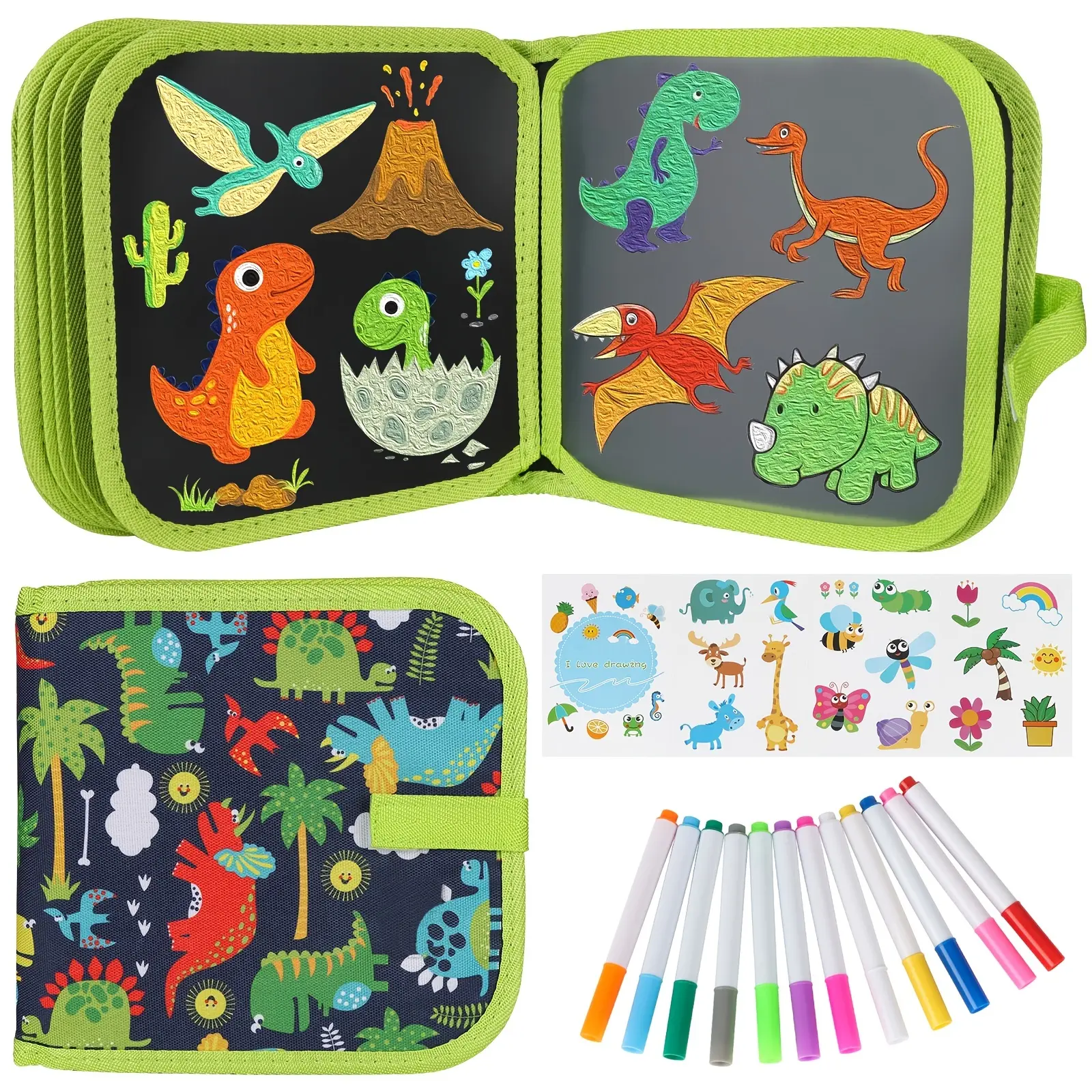 Kids Erasable Coloring Book Multi Color Doodle Set - Reusable, 12 Watercolor Pencils, 14-Page Painting Pad, Art Stickers, Marker Pen, Dinosaur-Themed Road Trip Game Toy for Creative Play, Multi Color Set