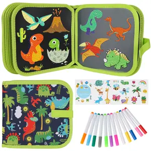 Kids Erasable Book Doodle Set, Reusable, 12 Watercolor Pencils 14 Pages Painting, Road Trip Game Painting Set (Dinosaurs) Drawing Play Fun