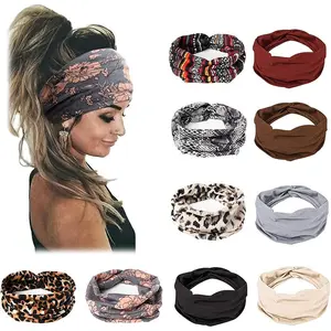 10 Pack Solid & Leopard Print Headband Set Wide Sweat Wicking Non Slip Fashion Headbands High Elastic Soft Hairbands for Yoga & Running