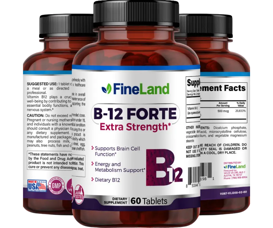 FineLand B-12 FORTE Supports Brain Cell Function, Energy and Metabolism Support, Dietary B12 Healthcare Supplement