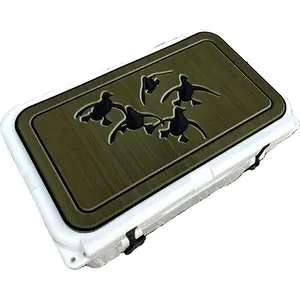 YETI Cooler Pad with Cupped Ducks Logo - Top fits YETI Tundra Cooler Lid- Olive Green/Black Mat.  Easy peel and stick application. 3M Adhesive.