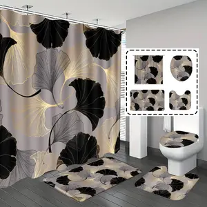 [Popular Choice]1pc/4pcs, bathroom curtains shower, bathroom set, shower curtain sets, shower curtains, bathroom decor,bathroom rug, Home Decoration, bathroom mat, Ginkgo biloba pattern, theme decoration, bathroom set, with 12 hooks.