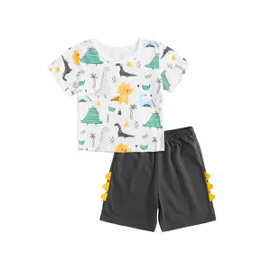 2Pcs Kids Baby Boys Cartoon Outfits Set Summer Tracksuits Dinosaur Print O-Neck Short Sleeves T-Shirt Tops Shorts Clothes Set Homewear