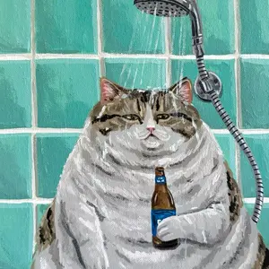 Shower Beers 9"x12" Art print featuring chubby cat drinking a beer in the shower