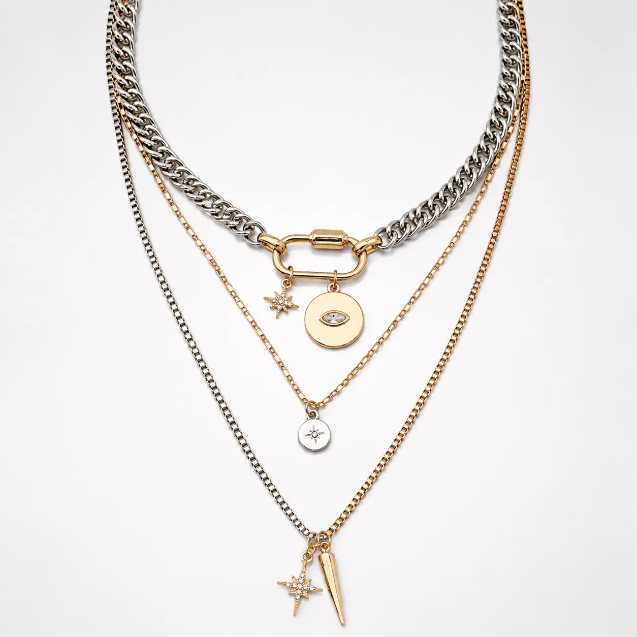 3-Piece Layered Necklace Set for Women, Gold Silver Tone Alloy Chains with Eye Coin Star Charms, Trendy Statement Jewelry Gift