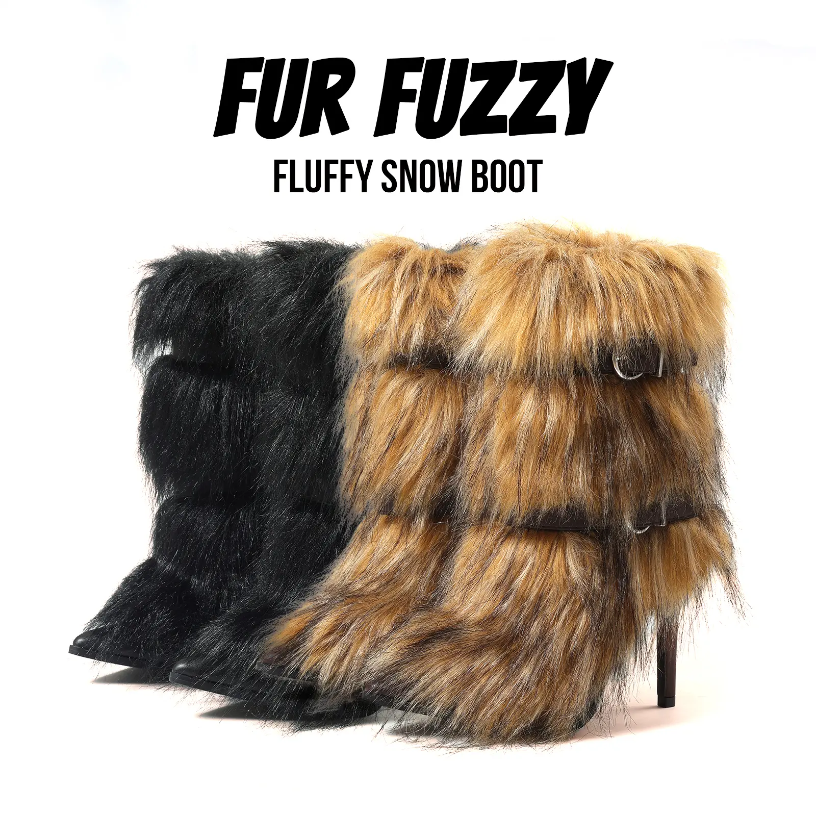 Womens Mid Calf Fur Boots Pointed Toe Stiletto Heels Pull On Buckle Fur Fuzzy Fluffy Snow Boot Fashionable Outing Party Nightclub Summer Winter Chilly Day Booty Shoes