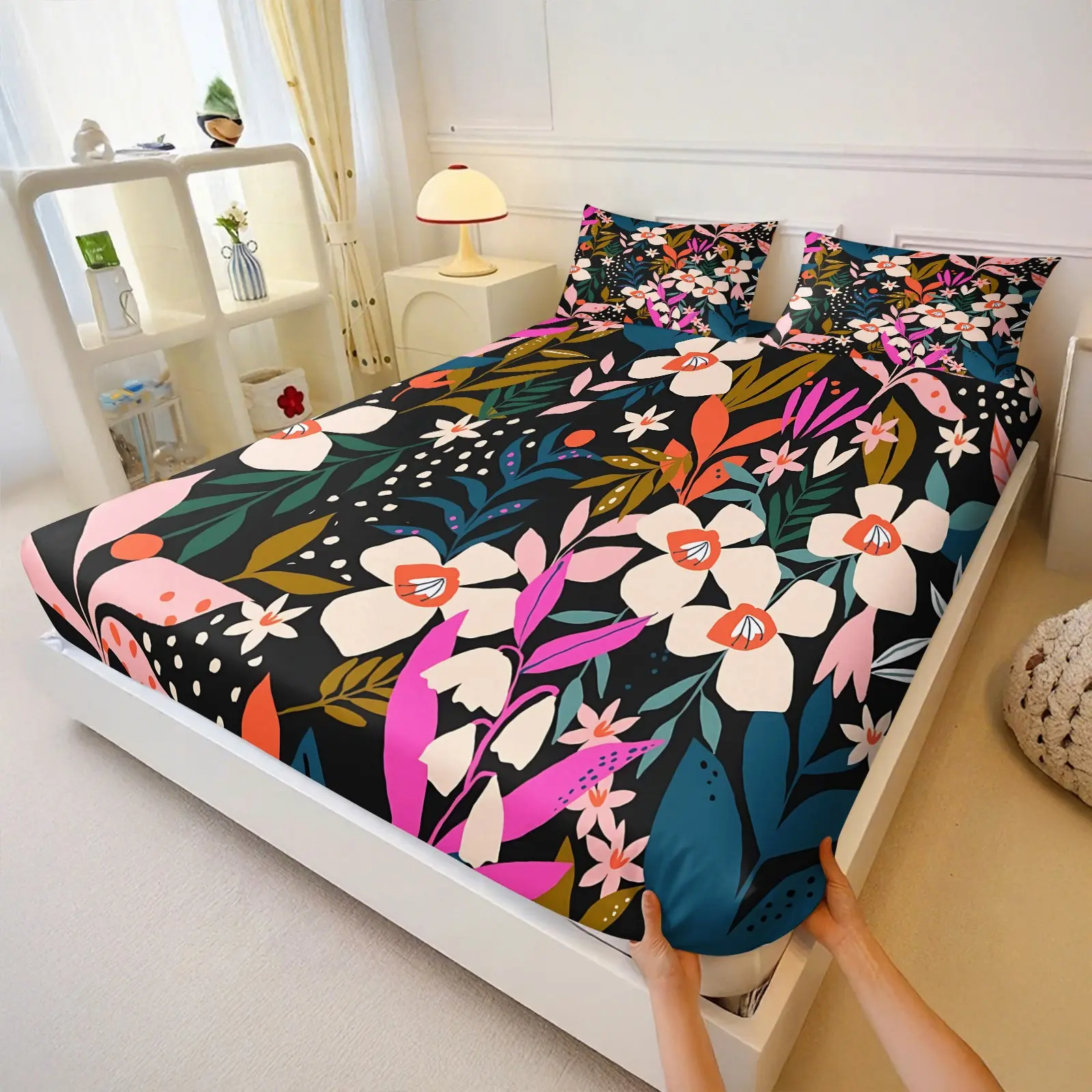 3Pcs Boho Tropical Floral Fitted Sheet Set No Fillers, Colorful Abstract Botanical Bed Sheet Set, Modern Bohemian Bedding Set with Pillowcases, Deep Pocket Soft Breathable for Women Girls Bedroom Dorm Guest Room