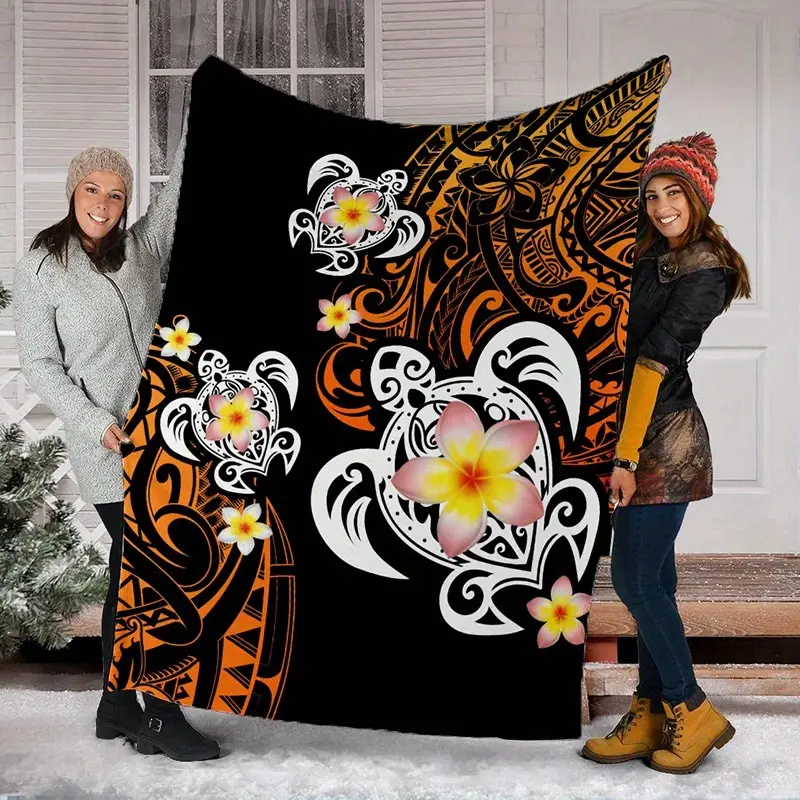 Polynesian All-Seasons Soft Flannel Throw Blanket - Multi-Size Blankets with Tropical Detailed Motifs (Hawaiian Sea Turtle, Plumeria Flower, Black-Orange Geometric Design) - Cultural Living Accessory for Couch, Bed Home Decor
