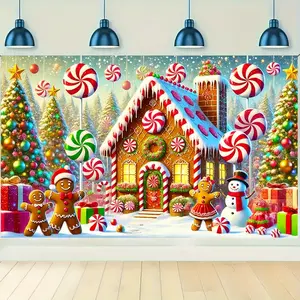 1pc Christmas Polyester Banner - Gingerbread House & Snowman with Candy Background - Holiday Party Decoration and Photography Backdrop, No Electricity Needed, General Use - 70.87 x 43.31 inches