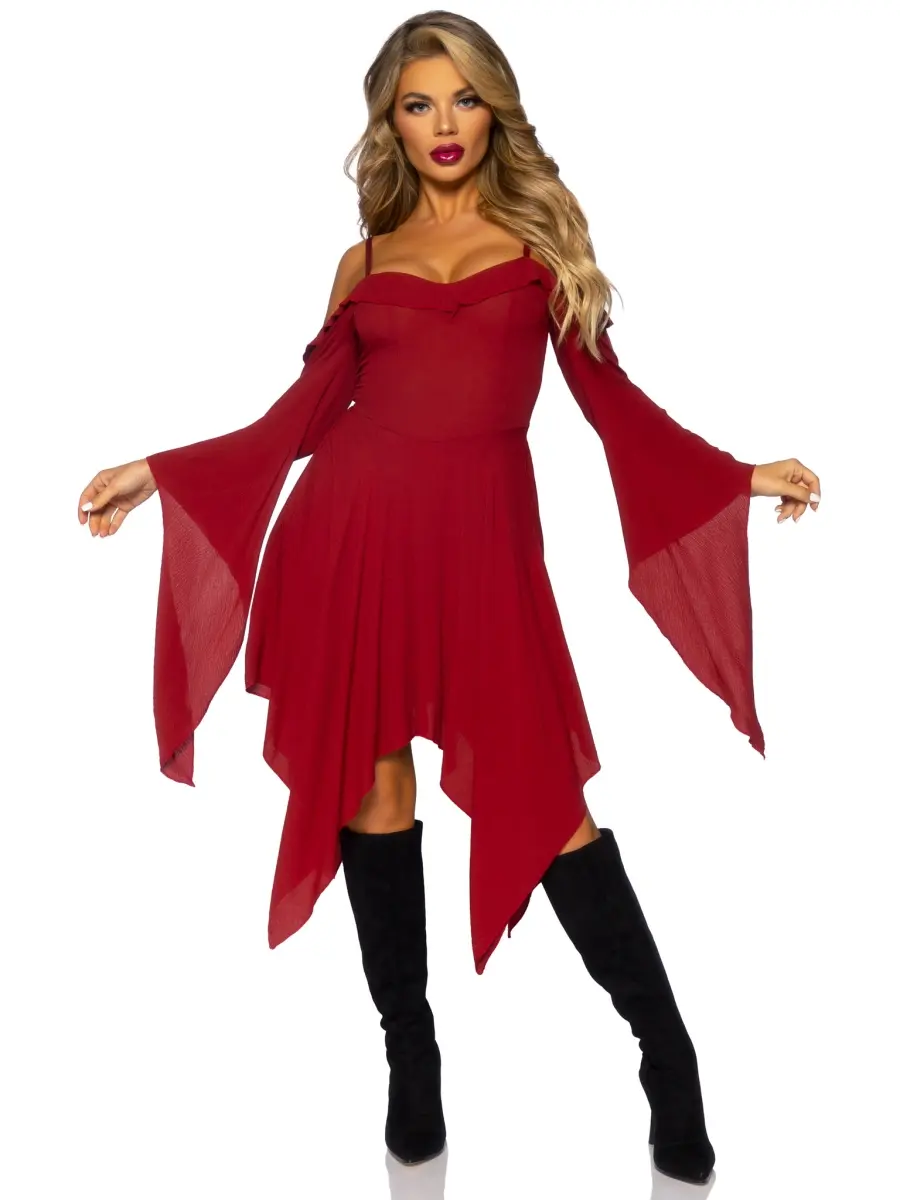 Leg Avenue Women's Fitted Burgundy Cotton Gauze Fabric Bell-Sleeved Peasant Dress Costume - Sexy, Light, Scarf-Included, Halloween Witch/Angel Outfit, Extra Large (87117-03604)