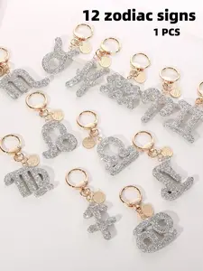 12 Zodiac Silver Color Pendant Keychain, Rhinestone Keychain, Unique Design for Daily Use, Fashion Bag and Key Accessory, Perfect Gift for Women and Girls