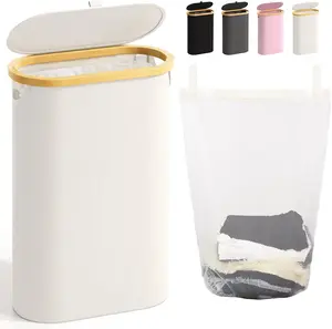 Slim Laundry Hamper with Lid, 60L Small Laundry Basket with Handles&Removable Bag, Thin Dirty Clothes Hampers for Laundry, Narrow Laundry Hampers for Bedroom Aesthetic, Beige