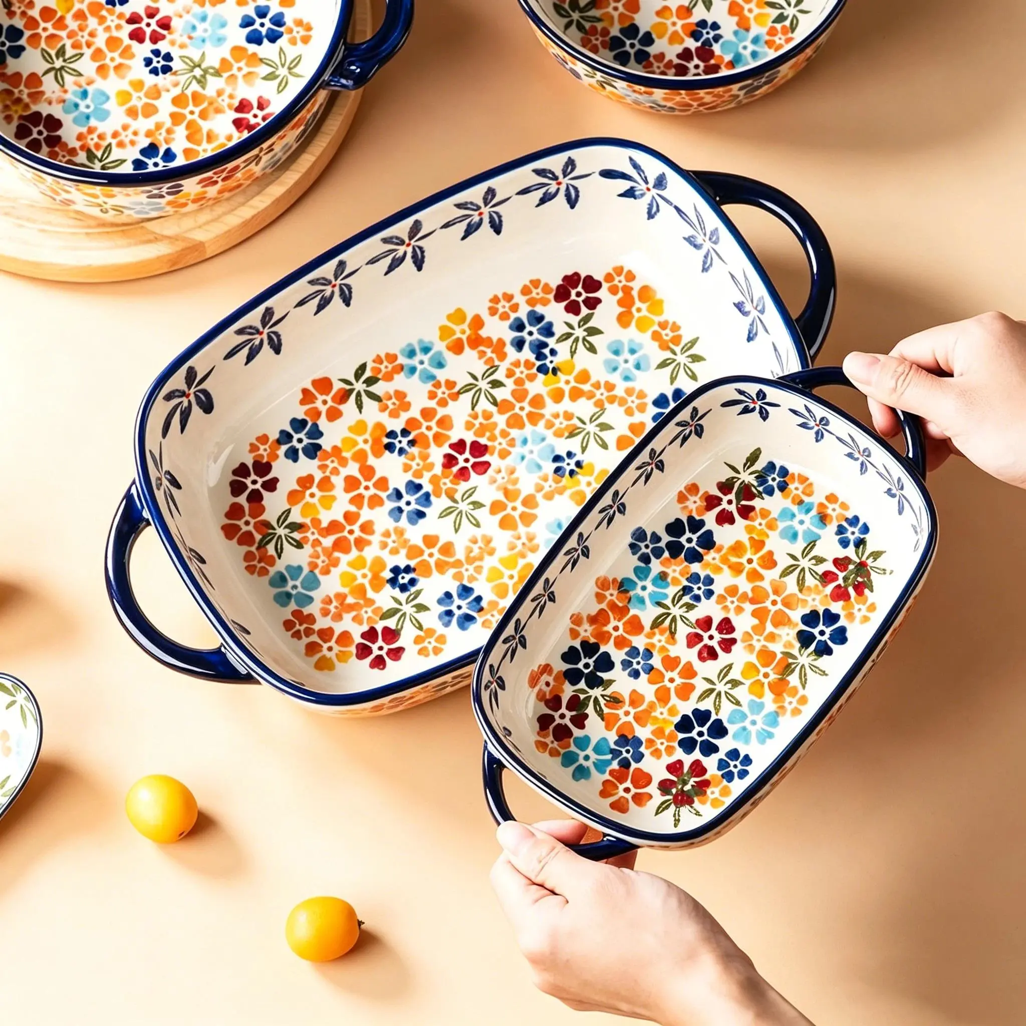 1 Pack Bohemian Floral Ceramic Baking Plates, Vintage Rectangular Handled Casserole Bakeware Oven Microwave Safe for Roasting Pasta Family Dining Tableware