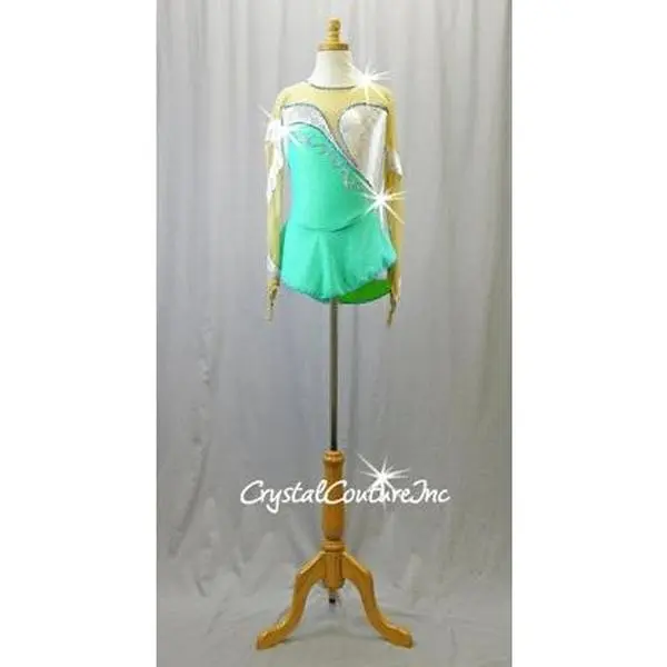 Green/Blue/Silver Long Sleeve Leotard Dress with Nude Mesh - Swarovski Rhinestones