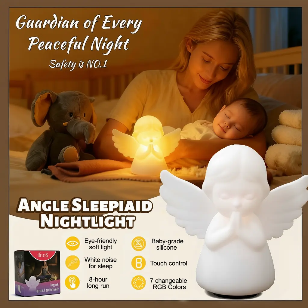 Hiseeme Angel Baby Night Lamp (Night Light) - Adjustable Brightness, 8-Hour Run, Audio-Visual Infant Sleep Aid, White Noise (Baby-Breath, Piano), 7 RGB Colors, Voice-Light Guided Breathing, Tap Control, USB-C, BPA-Free Silicone, 12-Month Replacement, Brea