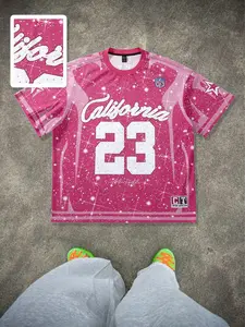 1 Unisex Pink Oversized Mesh Jersey Sports Top, Back "California 23" Starry Print, Y2K Sporty Design, Ideal for Casual Daily & Festival Outfits