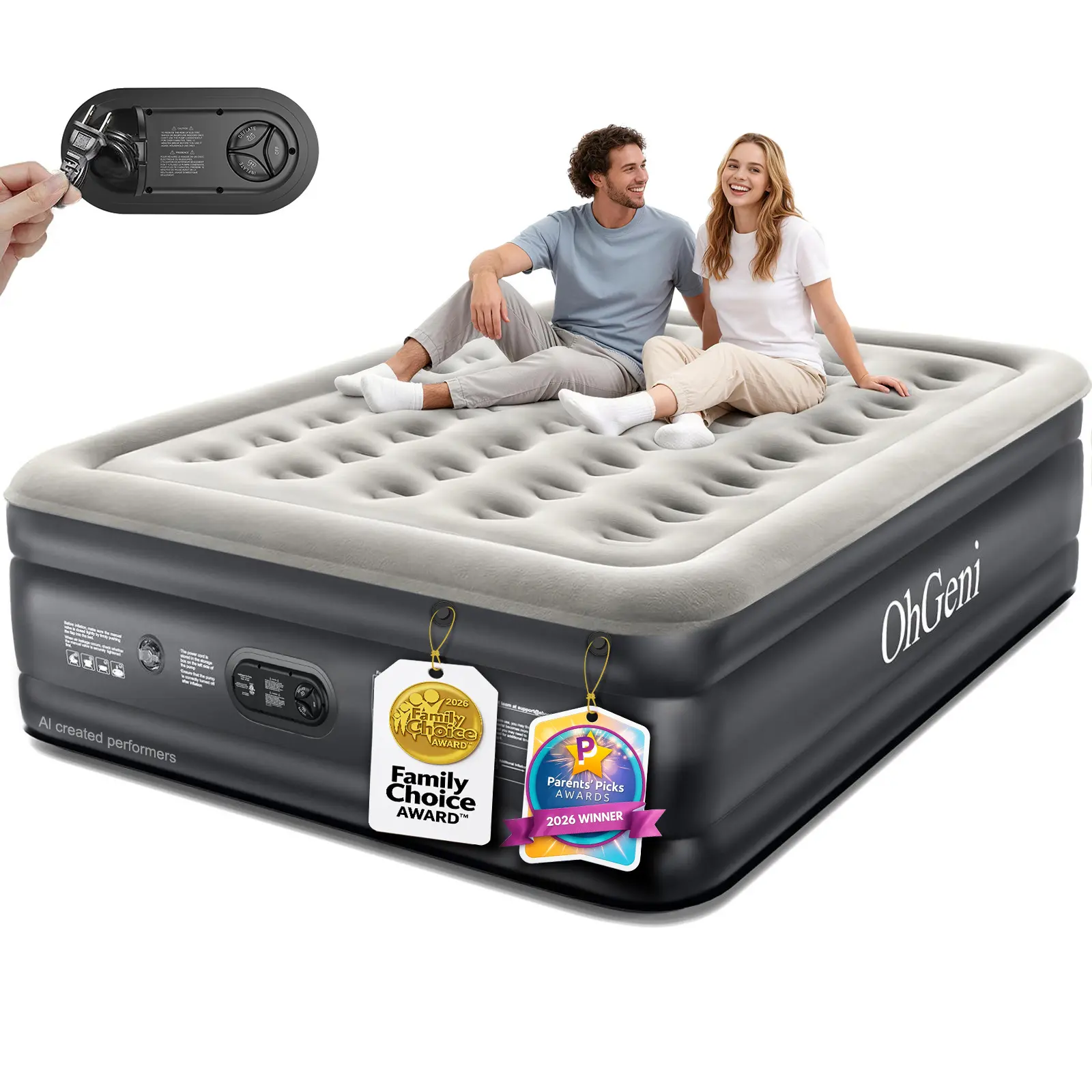 OhGeni Air Mattress Queen with Built in Pump, 18" Raised Inflatable Blow Up Mattress, Upgraded Surface Portable Bed for Home, Camping, Colchone Inflable, Ideal Sleep Solution for Guests