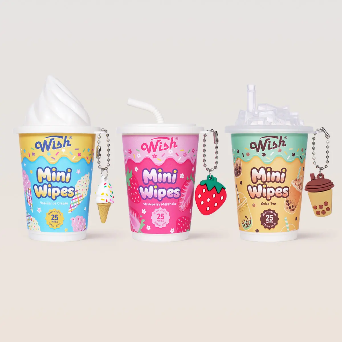 Wish Dessert Scented Travel Wipes 3-Pack – Vanilla Ice Cream, Strawberry Milkshake & Boba Tea, 25ct Each / 75 Wipes Total, Less Than $4 Each, For Bag, Car & Desk, Boba‑Tea Cubes