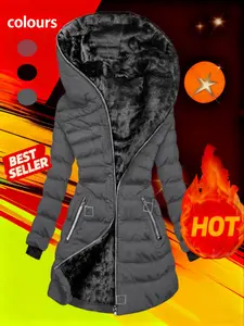 Women's Thickened Jacket and Coat Long Sleeve, Winter Fashion Casual Commuter Design, Dual Pocket Warm Hooded Fleece Zipper Cotton Long Outerwear