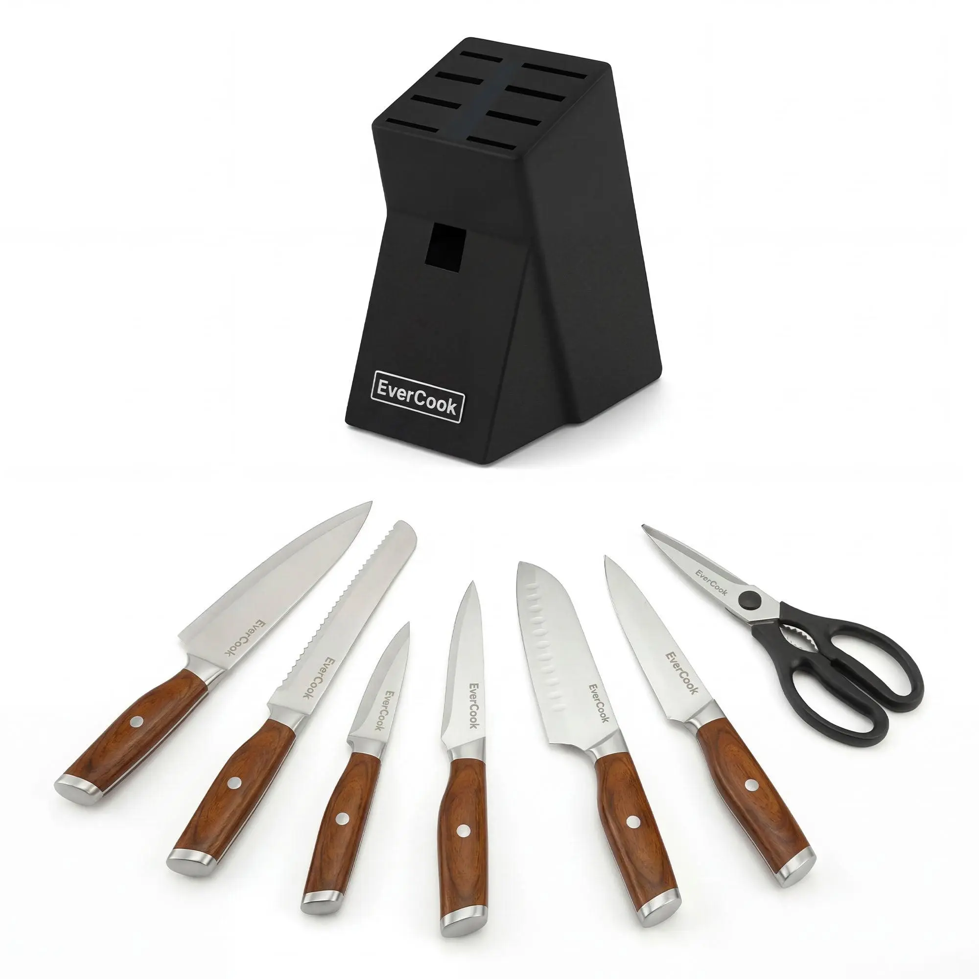 EverCook 8Pc Knife Block Set, Stainless Blade, Wood Handle, Rubberwood Block