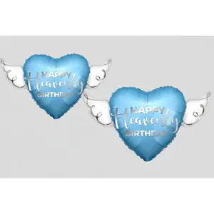 Blue Happy Heavenly Birthday 17" Memorial Balloon – Heart Shaped with Angel Wings Silver Script - 2 Balloons Included