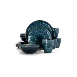 Elama Deepsea Mozaic 16 Piece Round Stoneware Dinnerware Set in Sea Blue