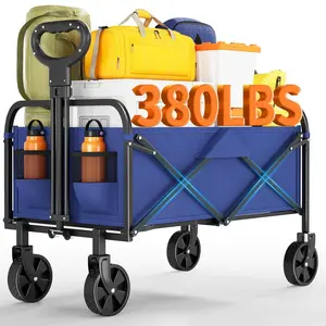 Wagons Carts Foldable 380 LBS, Utility Collapsible Wagon with All-Terrain Wheels, Drink Holders & Adjustable Handle, for Shopping, Camping, Blue camping  cart