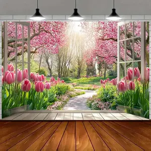 Summervibes 2D Flat, 1pc Large Window-Style Spring Tulip & Cherry Blossom Garden Banner - Pink White Floral Wall Hanging for Weddings, Birthdays,, Graduations - Photo Backdrop Decor (No) - Various Sizes, Flower, Polyester