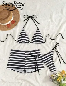 Briza｜Ribbed Triangle Halter Black White Striped Bikini With Swim Shorts Set Women Look And Tie Side Thong Bikini Option As High Waisted Bikini Sets Or Two-Piece Swimsuit For Women And Bathing Suit Women Set For Vacation Swimwear For Women