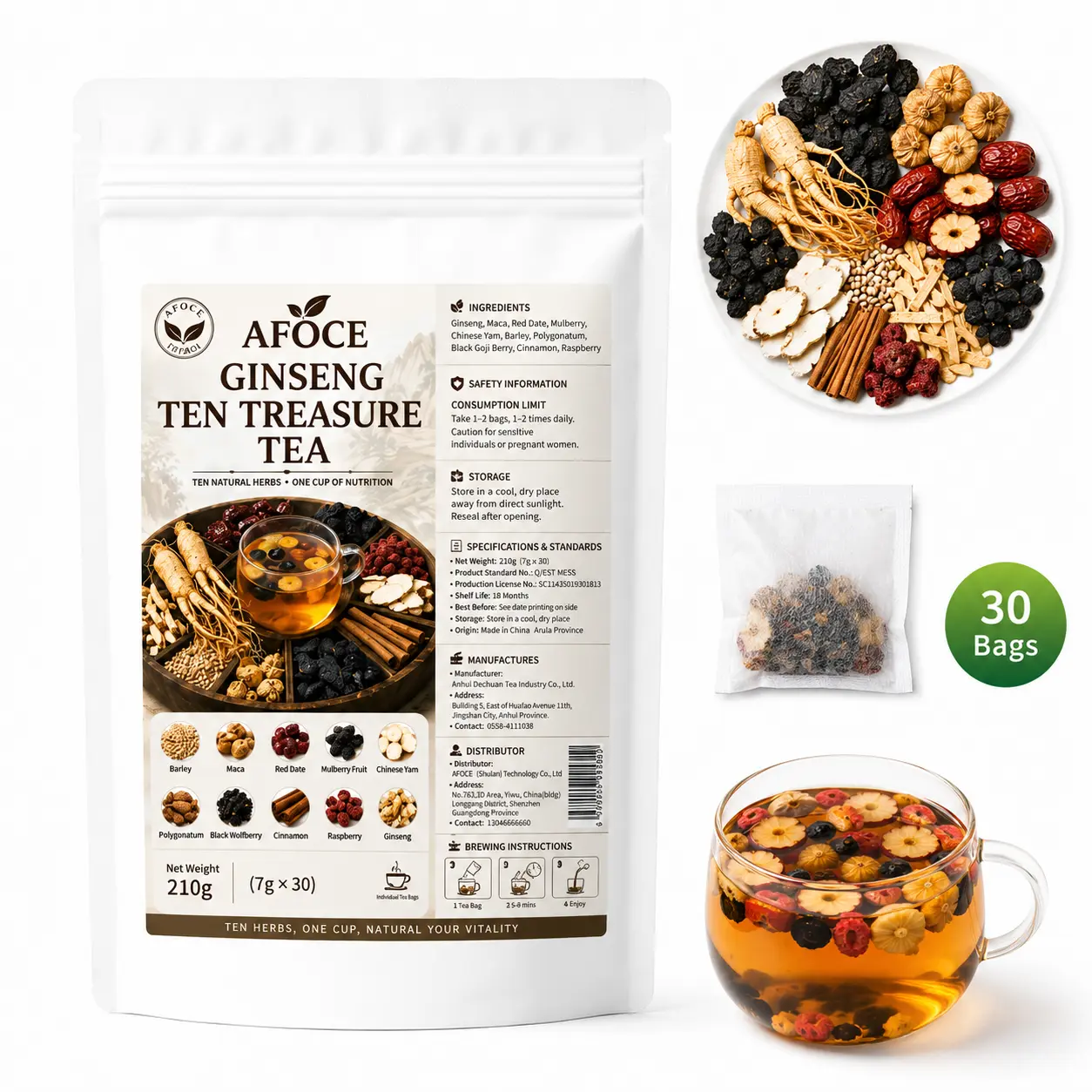 AFOCE Ginseng Tea Bags, 10-Herb Blend with Red Jujube and Black Wolfberry, 30 Count, 210g, Easy 3–5 Minute Brew for Adult Tea Drinkers